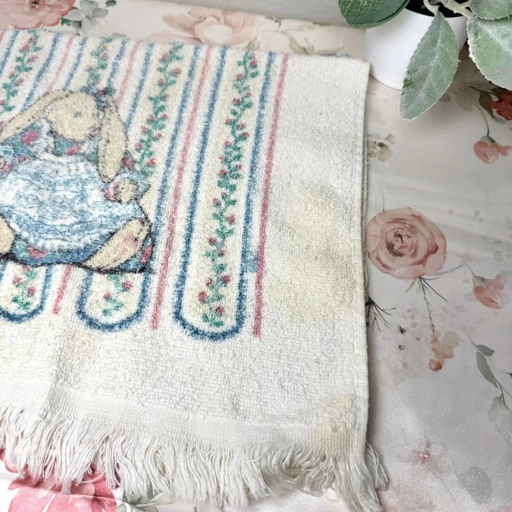 Vintage Bunny Floral‎ Striped Hand Towel Fringed Made in USA RN 13718 Cream